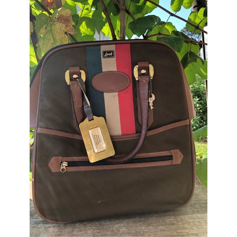 Vintage Lark Canvas Leather Tote Bag Brown Stripe Travel Duffle
